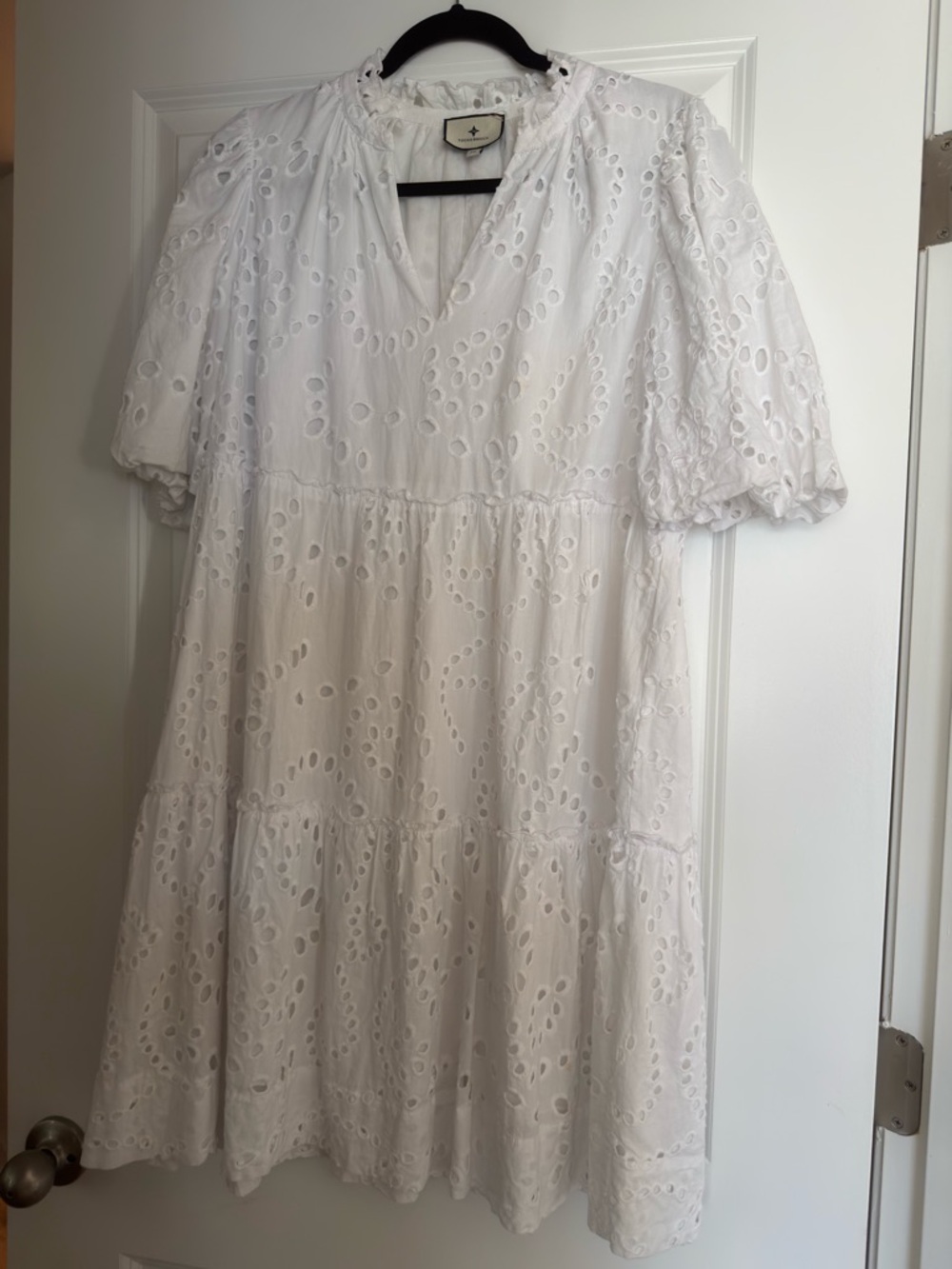 TUCKERNUCK WHITE EYELET LACE OVERLAY V-NECK WITH PUFF SLEEVES DRESS- SIZE XL